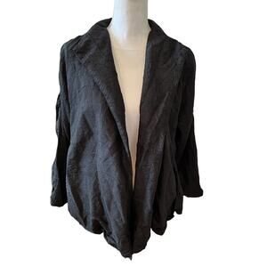 Eileen Fisher Plisse Crinkle Silk Open Front Jacket Blazer Black L